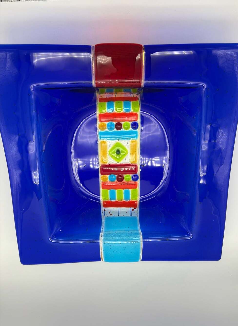 Kathy Hudson Handcrafted Fused Glass Deep Dish Signed Square Blue Geometric Art